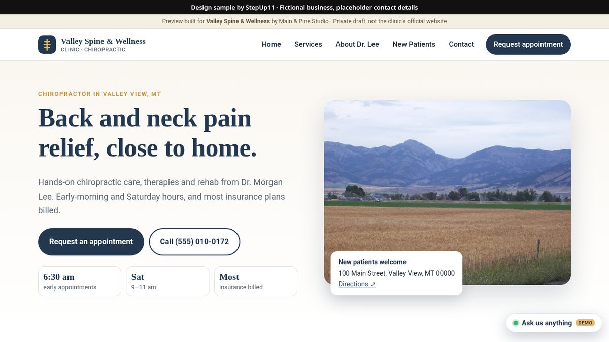 Homepage of the sample preview site for a chiropractic clinic, with appointment and call buttons