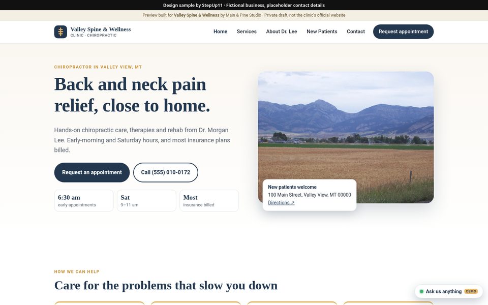 Desktop view of the Valley Spine & Wellness sample site