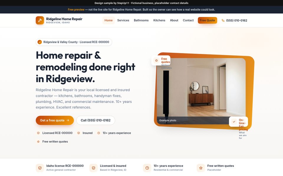 Desktop view of the Ridgeline Home Repair sample site