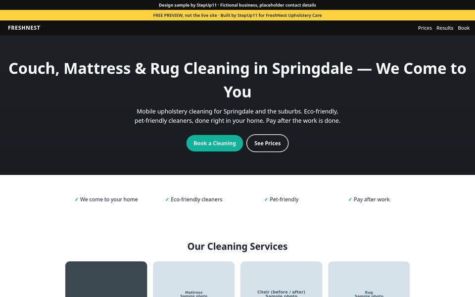 Desktop view of the FreshNest Upholstery Care sample site