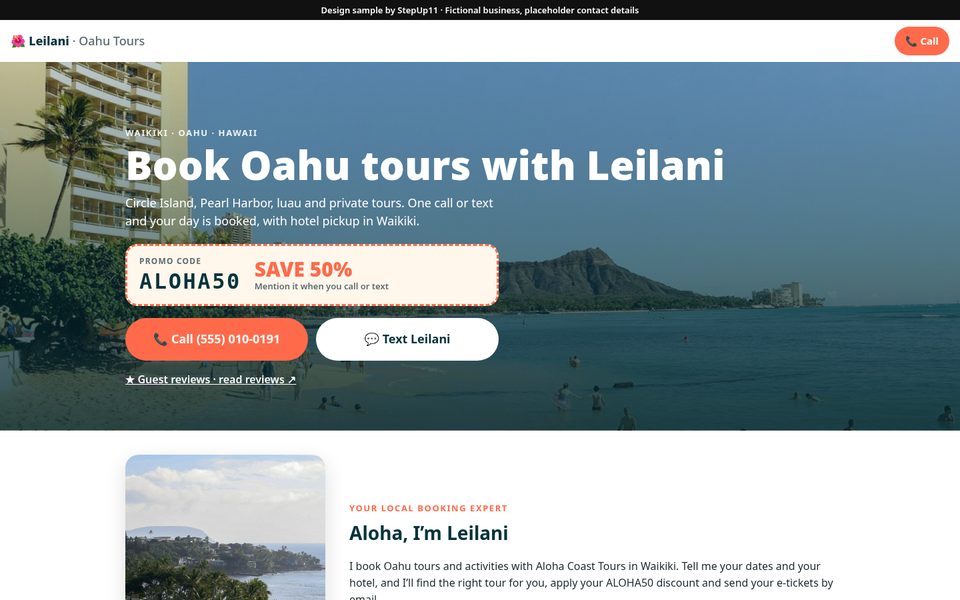 Desktop view of the Aloha Coast Tours sample site